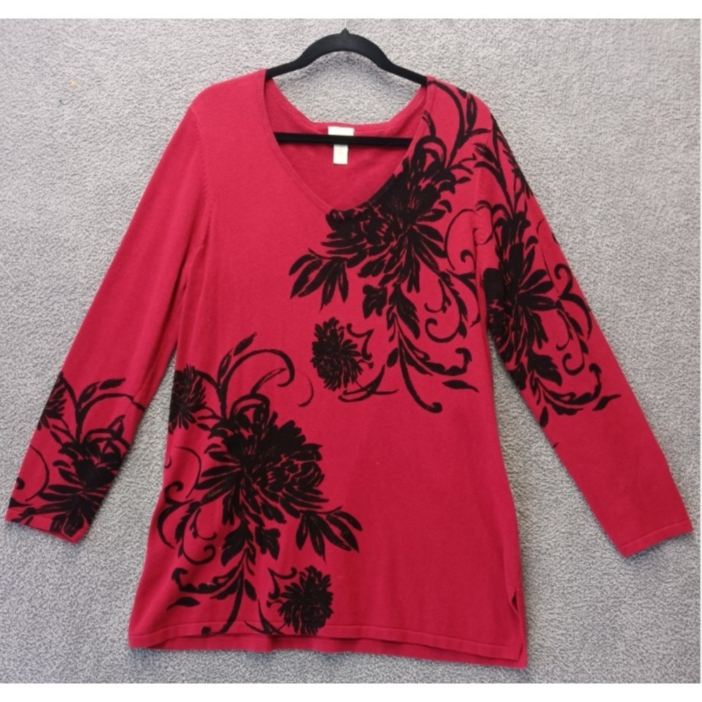 Chico's Women's Y2K Red Flocked Floral V Neck Top Size 2 (L / XL) Dark Feminine